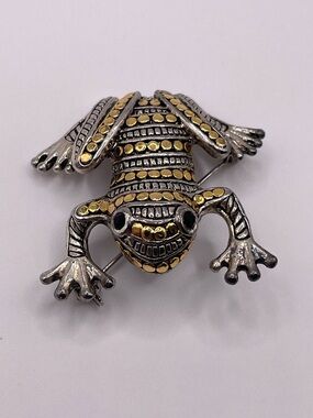 Vintage Frog Brooch Silver Gold Tone Rhinestone Eyes Figural Animal Pin